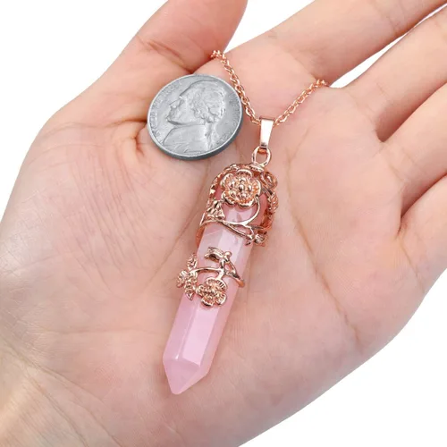 Vista 4 de Jovivi Flower Wrapped Natural Healing Crystal Pointed Necklace Hexagonal Prism Gemstone Pendant Pendulum Necklace Reiki Jewelry Quartz for Women Men