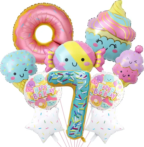 Vista 8 de 10 globos de helado, globos de papel de aluminio Mylar con número de dona de caramelo, temática de helado, suministros de fiesta de primer cumpleaños