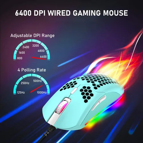 Vista 3 de ZIYOU LANG Ratón ligero con cable para juegos, 6 RGB retroiluminado con 7 botones programables, mouse de computadora de 6400 DPI, cable ultra ligero
