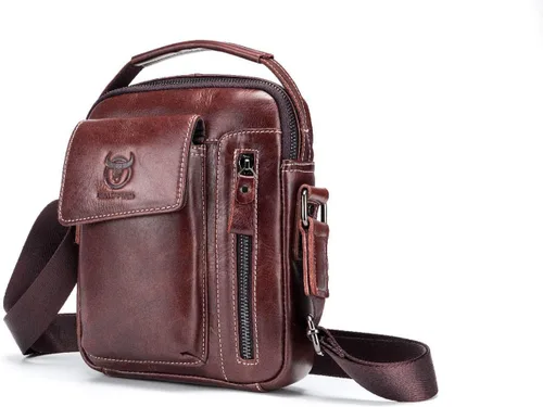 Vista 6 de BULLCAPTAIN Bolso bandolera de cuero genuino para mujeres y hombres, bolsa cruzada de hombro pequeña para hombres, bolsa de mensajero de viaje