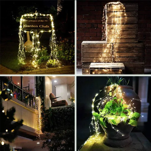 Vista 5 de SHUKAN 11 hebras de 220 luces LED solares de luciérnaga, 8 modos Guirnalda de luces impermeables de alambre de cobre de hadas, decoración de vid