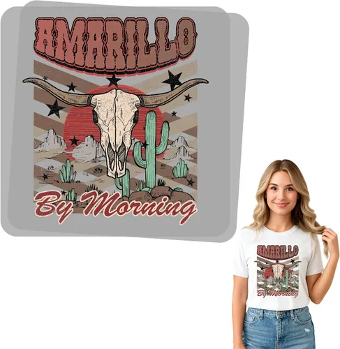 Vista 2 de Western DTF Iron-On Graphic – Longhorn Skull Design DIY Prensa de calor para fanáticos de la música country – Listo para imprimir Retro Cowboy