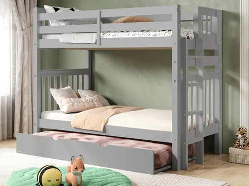 Vista 17 de Bedz King Literas altas de tamaño individual sobre individual, estilo Mission con escalera lateral y 2 cajones debajo de la cama, color cereza oscuro