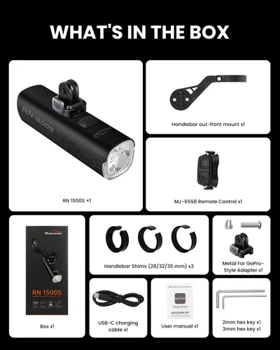 Vista 9 de Magicshine Luz de bicicleta RN 1500S, luces de bicicleta para conducción nocturna con montaje inferior, control FTR LightSync, recargable por USB