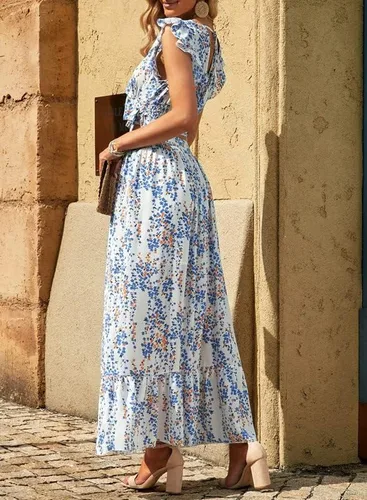 Vista 4 de Dokotoo Vestido bohemio para mujer, cuello en V profundo, 2 piezas, falda con volantes, manga casquillo, lazo en la cintura, vestido largo de gasa