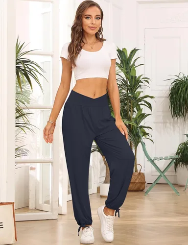 Vista 3 de TARSE Pantalones deportivos tipo harem para mujer, de cintura alta, holgados, para descansar, yoga, con bolsillos, casuales, holgados