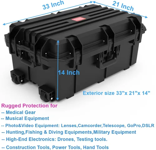 Vista 3 de Regetek Funda rígida impermeable, 33 x 21 x 14 pulgadas, funda para equipo con ruedas/espuma personalizable/mango retráctil para electrónica