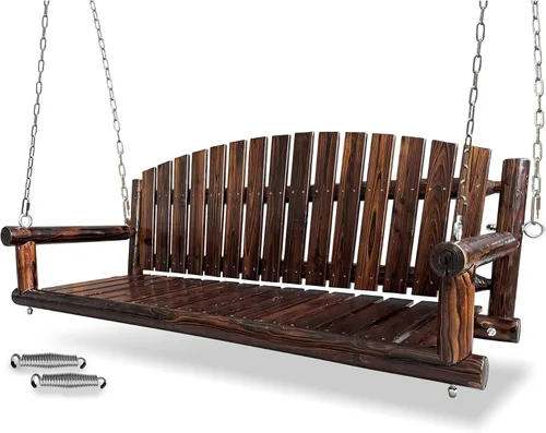 Vista 10 de 3.5 FT Rustic Log Wooden Porch Swing, Heavy-Duty 900 LBS, Outdoor Hanging Bench for Patio, Garden, Yard – Solid Fir Wood, Handcrafted