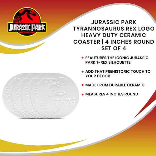 Vista 6 de Jurassic Park Tyrannosaurus Rex Logo Posavasos Posavasos de cerámica resistente de dinosaurio 4 pulgadas redondo