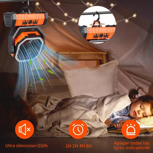Vista 4 de Ventilador recargable, ventilador de camping operado por batería con gancho y luz LED brillante, control remoto, temporizador, oscilación