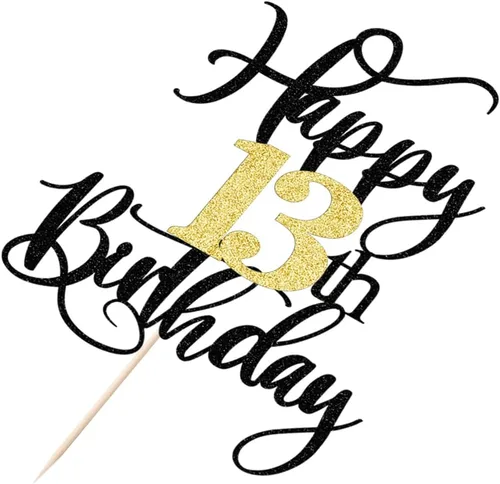 Vista 8 de Decoración para pastel de cumpleaños número 13 con destellos negros y dorados para tartas de 13 años, decoración para pastel de 13 años, decoración