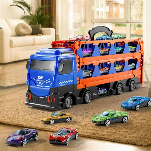 Vista 6 de Camión de carreras de juguete para niños, pista de carreras de 78 pulgadas y 12 autos de juguete de metal fundido a presión, juguetes de camión