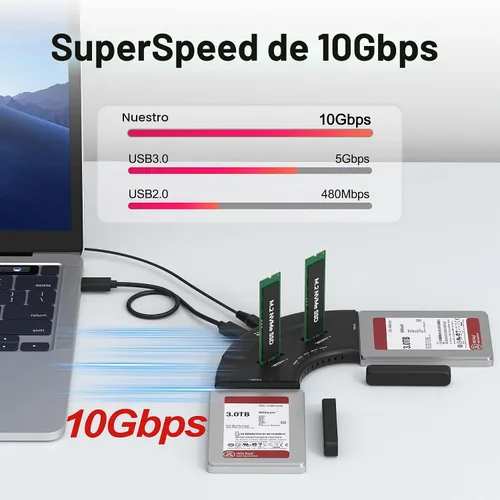 Vista 3 de Unitek Adaptador USB-C de 4 bahías, 2X M.2 + 2X SATA, 10Gbps, sin Negro USB-C M.2 y 2.5/3.5