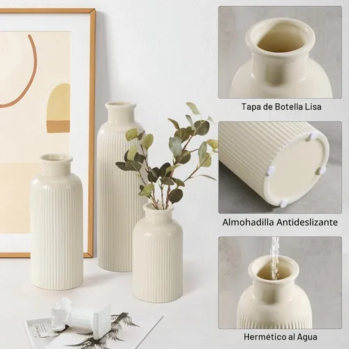 Vista 5 de Juego de 3 pequeños jarrones de cerámica beige, jarrones bohemios modernos de flores beige para decoración de habitación, decoración de granja