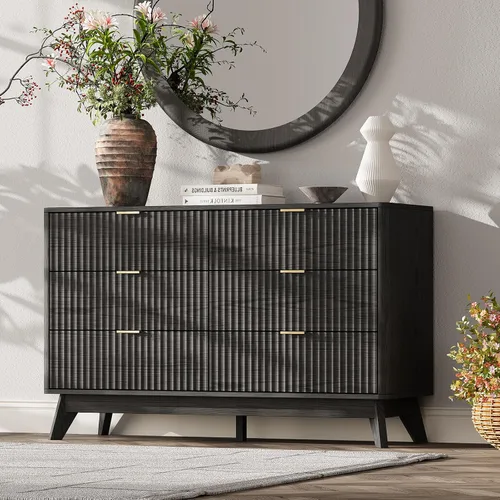 Vista 14 de Cómoda acanalada con 9 cajones de 63 pulgadas de ancho para dormitorio, borde curvado, roble Wooden Closet Organizer for Bedroom,Fluted Dresser with