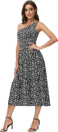 Vista 8 de GRACE KARIN Vestidos de un hombro para mujer, bohemio, vestido floral de verano, vestido de playa con vuelo, vestido midi para fiesta