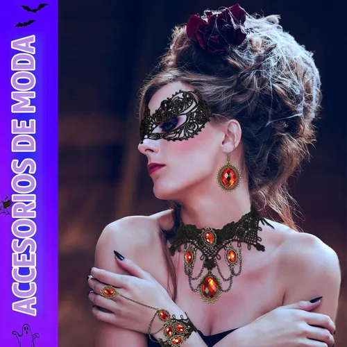 Vista 3 de Ramede Juego de 14 piezas de disfraz de vampiro de Halloween con capucha, máscara, aretes, gargantilla, pulseras de tatuaje, colmillos de cicatriz