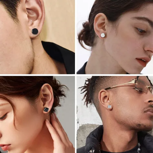 Vista 4 de YCL&TXL 6 pares de aretes de acero inoxidable hipoalergénicos para hombre, aretes falsos redondos cuadrados de circonita cúbica magnética