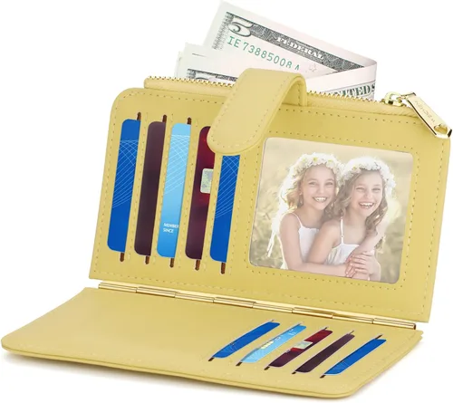 Vista 5 de PERFECB - Cartera para mujer, con bloqueo RFID, delgada, plegable, para tarjetas de crédito, con cremallera simple, Amarillo, Cartera con tarjetero