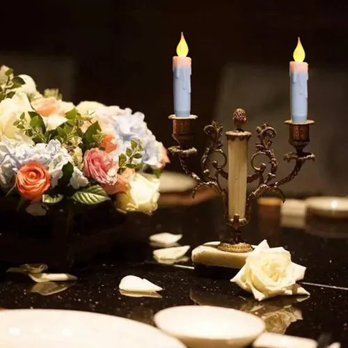 Vista 5 de CVHOMEDECO. Velas cónicas parpadeantes LED, velas sin llama con goteo, operadas por batería con temporizador, blancas, 4-3/4 pulgadas, juego de 2