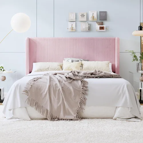 Vista 22 de SHA CERLIN - Base de cama tamaño Full tapizada en pana con plataforma y cabecera acolchada con diseño acanalado vertical estilo wingback, 8