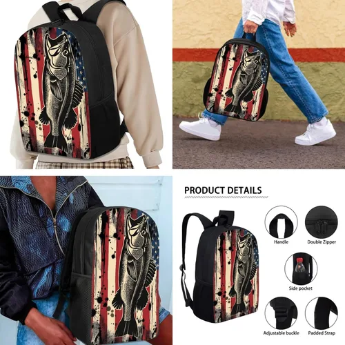 Vista 4 de Paquete de 3 bolsas escolares con estampado de bandera estadounidense para niños, mochila de gran capacidad para laptop, con cremallera, estuche