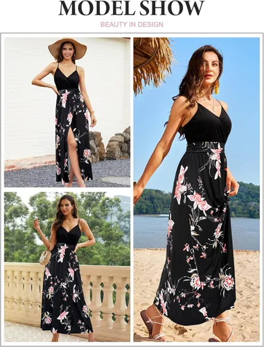 Vista 4 de Newshows - Vestido largo de verano con cuello en V para mujer, con tirantes delgados, sin mangas, con estampado floral, casual y con apertura lateral