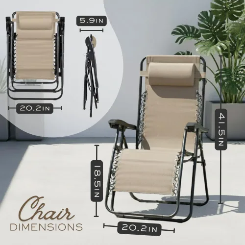 Vista 2 de Paquete de 2 sillas de salón ajustables de gravedad cero con tela de malla de acero: silla de césped reclinable con almohada cómoda, bandeja
