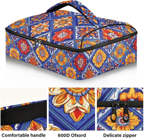 Vista 2 de Talavera mexicana - Porta platos con diseño de azulejos de cerámica, portátil, a prueba de fugas, aislado, para alimentos calientes o fríos, viajes