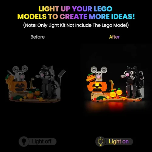 Vista 2 de Kit de luces LED mejorado compatible con LEGO Halloween Cat & Mouse Building Set, decoración de luces compatible con LEGO 40570, el mejor regalo