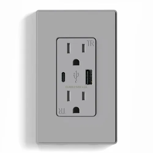 Vista 18 de ELEGRP Cargador USB de pared, receptáculo USB con puertos USB tipo A y tipo C, enchufe dúplex de 15 amperios resistente a manipulaciones NEMA 5-15R