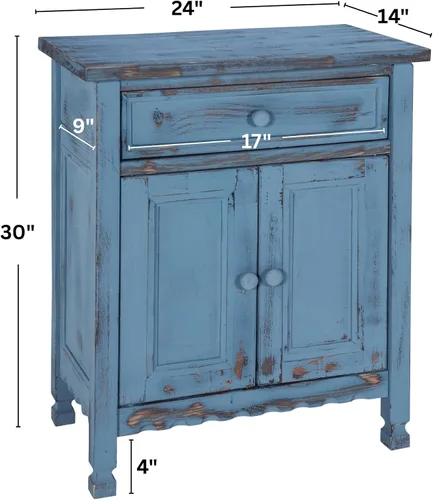 Vista 3 de Gabinete de acento de cabaña rústica con 1 cajón y 2 puertas en acabado azul antiguo para sala de estar - Requiere ensamblaje, madera desgastada