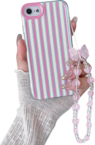 Vista 9 de Bonita funda a rayas para iPhone 6 Plus iPhone 6s Plus con cadena de cuentas, estética suave y delgada, funda protectora de poliuretano
