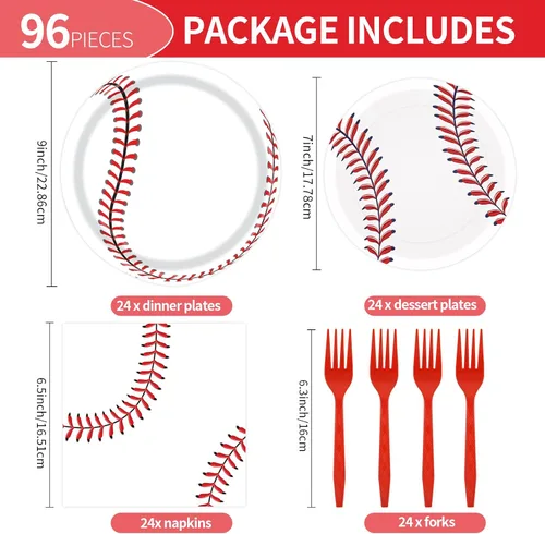 Vista 2 de 96 platos de papel de béisbol y servilletas para fiesta, platos de fiesta de béisbol, servilletas y tenedores, juego de vajilla desechable