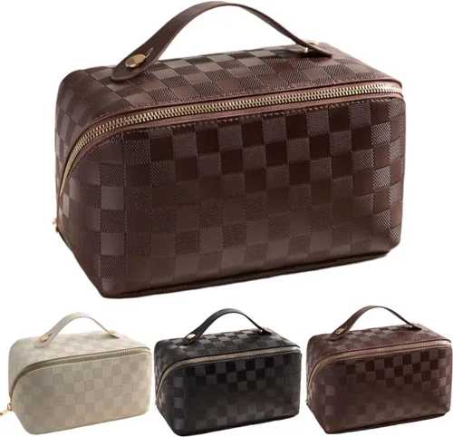 Vista 26 de Bolsas de maquillaje a cuadros de gran capacidad, bolsas de cosméticos portátiles de viaje, bolsa de aseo abierta y plana para mujeres y niñas