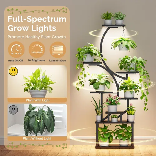 Vista 2 de Soporte para plantas con luces de cultivo para plantas de interior, estante esquinero alto de 8 niveles con luz de espectro completo, en forma de S