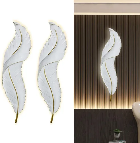 Vista 11 de Lámpara de pared moderna para dormitorio, lámpara de pared LED con diseño de plumas blancas elegante, luz de cuento de hadas, luces de pared de lujo