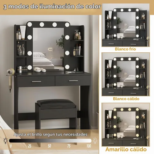 Vista 3 de Vabches - Escritorio de tocador con luces, tocador de maquillaje con regleta de enchufes, juego de mesa de tocador con 2 cajones grandes, espejo