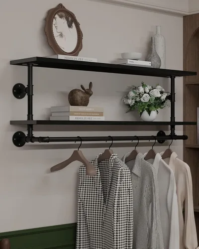 Vista 15 de Perchero negro de 36 pulgadas, perchero montado en la pared con estante de madera real negra, perchero colgante resistente, barra para colgar