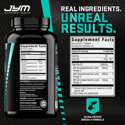 Vista 10 de JYM Supplement Science Aceite de Pescado Omega JYM 2800mg, Omega 3 de Alta Potencia, EPA, DHA, DPA para Soporte del Cerebro, Corazón