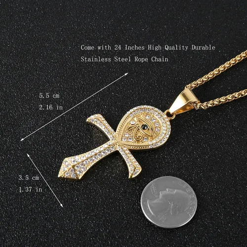 Vista 5 de HZMAN Collar religioso de acero inoxidable con dije de protección de ojo de Horus Egipto con cruz copta Ankh, Zirconia cúbica