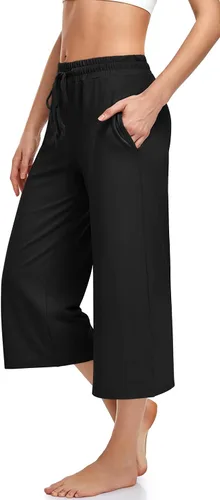 Vista 2 de UEU Pantalones capri de yoga para mujer, de verano, pierna ancha, holgados, casuales, recortados, con cordón, pantalones capri con bolsillos