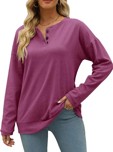 Vista 2 de Sudaderas casuales para mujer, camisetas Henley de manga larga con botones