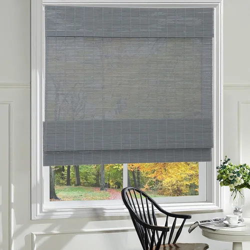 Vista 15 de Cortinas romanas de madera para ventana, cortinas de bambú opacas forradas, fácil instalación para el hogar y el jardín, patrón 1