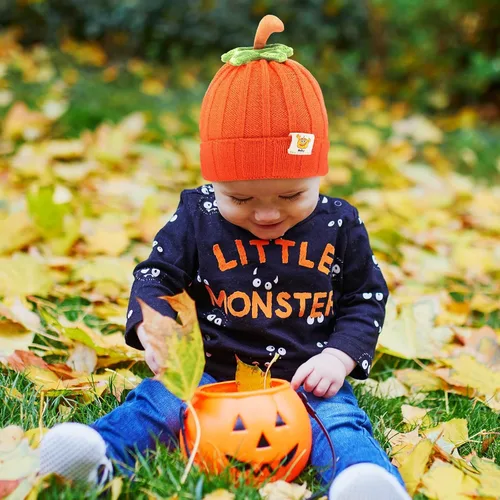 Vista 3 de Mepase 2 piezas de Halloween Baby Pumpkin Hat Infant Kids Pumpkin Beanie Winter Cute Knit Hat Newborn Beanie Baby Winter Cap Soft Boy Girl Acción