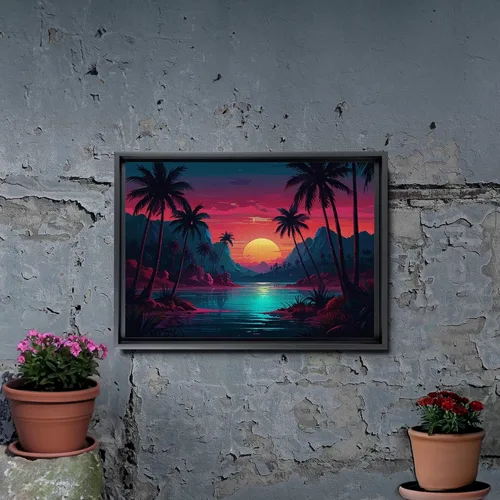Vista 2 de Neon Sunset Vibes Florida Synthwave Sunset Framed Canvas Print, Retro Miami Style Wall Art, Canvas, Decor