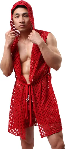 Vista 4 de Bata de baño sexy para hombre, con capucha, malla transparente