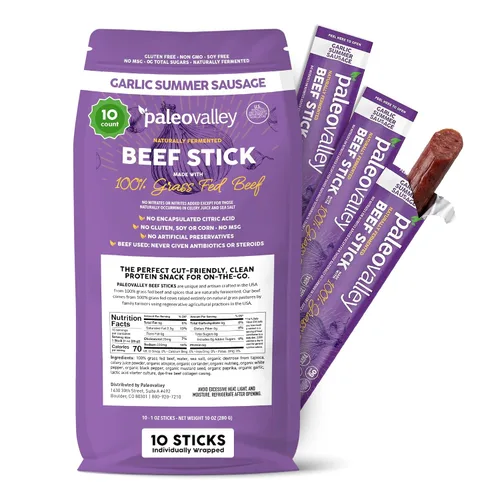 Vista 16 de Paleovalley: Palitos de carne 100% alimentados con pasto – Bocadillo orgánico paleo y keto con probióticos naturales – 40 palitos de carne seca