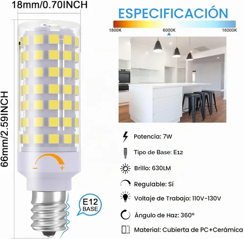 Vista 4 de Bombillas LED E12 regulables, bombilla C7 de 7 W equivalente a bombilla halógena E12 de 60 W, luz blanca diurna 6000 K, base de candelabro T6 E12