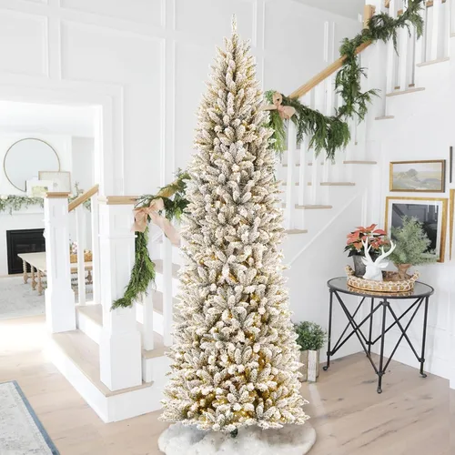Vista 36 de Glitzhome - Árbol de Navidad artificial delgado preiluminado de 2.4 m, con ramas de pino Aspen Frostfall, soporte plegable de metal, 500 luces Aspen